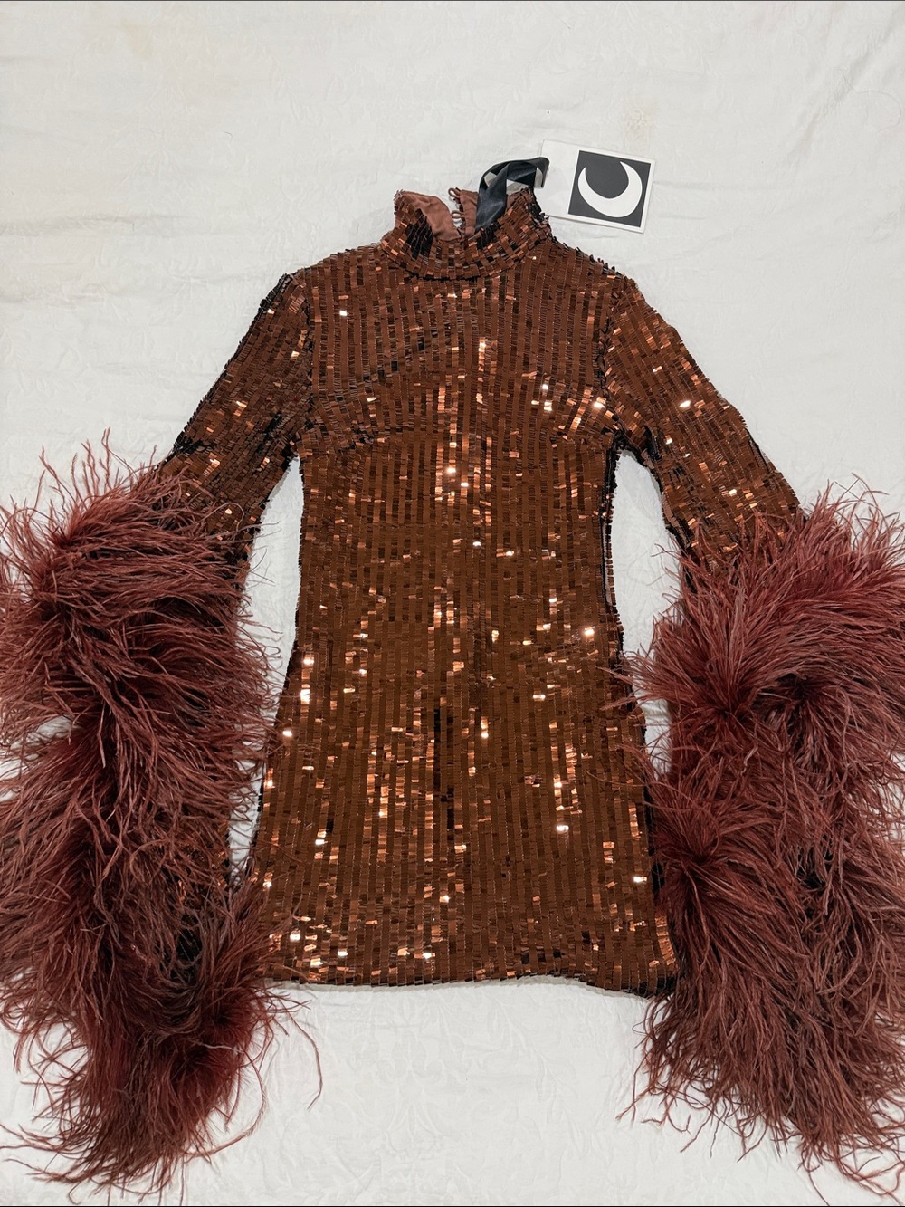 Taller Marmo Del Rio Disco Sequin Mini Dress with Feather Details